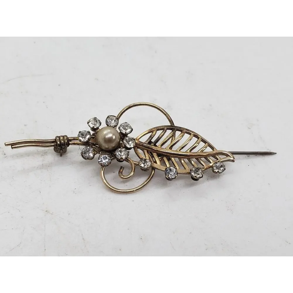 Vintage Van Dell 1/20 12K GF Gold Filled Rhinestone Pearl Leaf Floral Brooch Pin